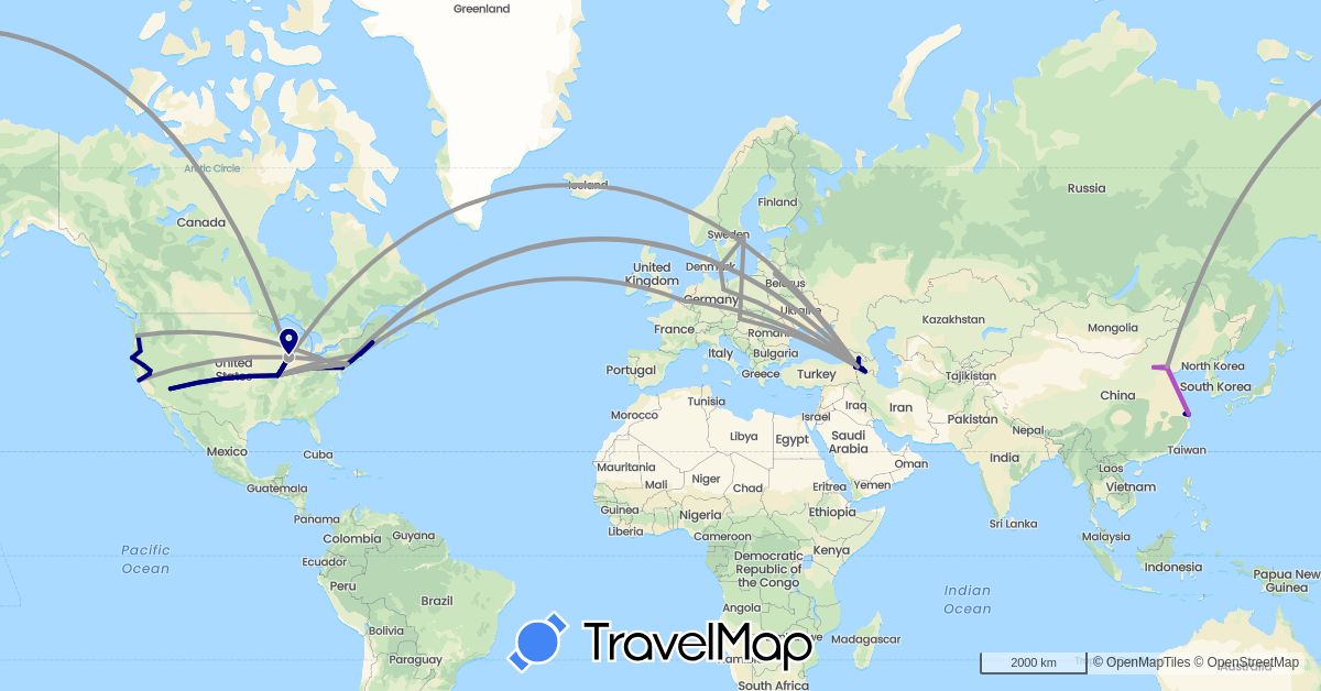 TravelMap itinerary: driving, plane, train in Armenia, Belgium, China, Germany, Denmark, Georgia, Lithuania, Sweden, Slovakia, United States (Asia, Europe, North America)
